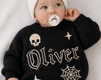 Personalized Gothic Baby Sweater, Hand Embroidered Skull Spider Web Knit Pullover