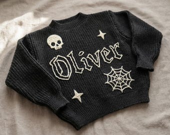 Gothic Baby Name Sweater, Personalized Goth Knit Sweater, Hand Embroidered Baby Gift, Custom Skull Sweater for Toddler, First Birthday Gift