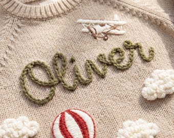 Personalized Hand-Embroidered Baby Sweater with Airplane and Hot Air Balloon Designs