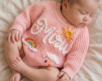 Suéter de punto arcoíris bordado a mano con nombre personalizado para bebé, jersey para niño pequeño, regalo de recuerdo