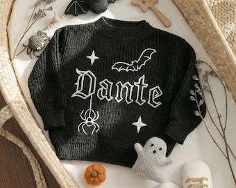 Personalized Gothic Baby Sweater, Hand Embroidered Bat Spider, Custom Knit