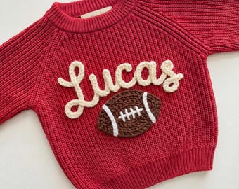 Personalized Football Sweater, Hand-Embroidered Name, Chunky Knit Toddler Apparel