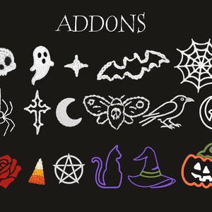 May include: A collection of embroidered Halloween-themed patches on a black background. The patches include a skull, ghost, spider, cross, moon, bat, spiderweb, moth, raven, wolf, rose, candy corn, pentagram, cat, witch hat, and jack-o'-lantern.