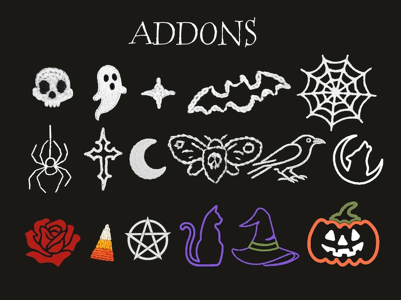 May include: A collection of embroidered Halloween-themed patches on a black background. The patches include a skull, ghost, spider, cross, moon, bat, spiderweb, moth, raven, wolf, rose, candy corn, pentagram, cat, witch hat, and jack-o'-lantern.