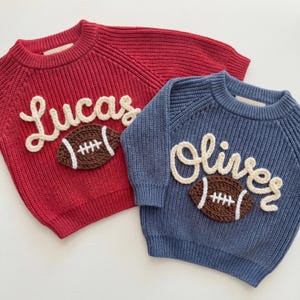 Personalized Baby Football Sweater, Hand-Embroidered Name Knit, Toddler Shower Gift