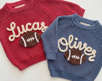 Personalized Baby Football Sweater, Hand-Embroidered Name Knit, Toddler Shower Gift