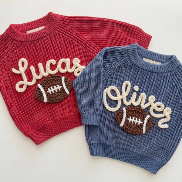 Personalized Baby Football Sweater, Hand-Embroidered Name Knit, Toddler Shower Gift
