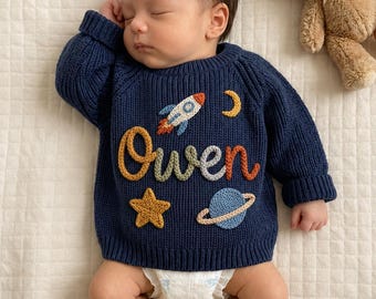 Personalized Hand-Embroidered Space Sweater | Custom Knit Baby Outfit