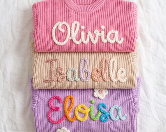 Suéter personalizado bordado a mano para bebé niña / Conjunto de punto con nombre y margaritas / Suéter para niña de las flores, Baby Shower para recién nacida