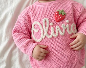 Personalized Baby Sweater | Hand-Embroidered Strawberry Name Knit | First Birthday Outfit