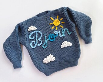 Gepersonaliseerde handgeborduurde babytrui: gebreide trui met aangepaste naam