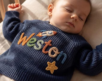 Personalized Hand-Embroidered Space Sweater | Custom Knit Baby Outfit