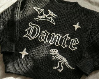Personalized Baby Sweater, Hand-Embroidered Gothic Skull Name, Spooky Gift