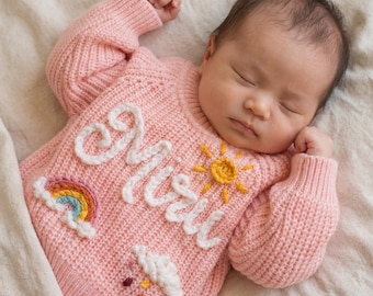 Jersey de bebé con nombre personalizado, jersey de punto arcoíris bordado a mano, regalo personalizado para niños pequeños