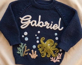 Custom Name Knit Baby Sweater, Hand-Embroidered Octopus Pullover, Ocean Toddler Gift