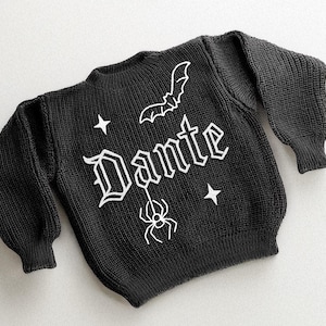 May include: Black knit sweater with the name "Dante" in white gothic lettering, a bat, spider, and stars. The sweater has long sleeves and a crew neck. The design is a Halloween or gothic theme.