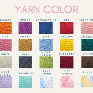 May include: A color chart displaying various yarn colors. The text "YARN COLOR" is at the top. Colors include orange, purple, ultramarine, red, light pink, pink, sienna, blue, yellow, emerald, white, grey, light green, burgundy, brown, light purple, turquoise, blue ombre, pink ombre, and funny.