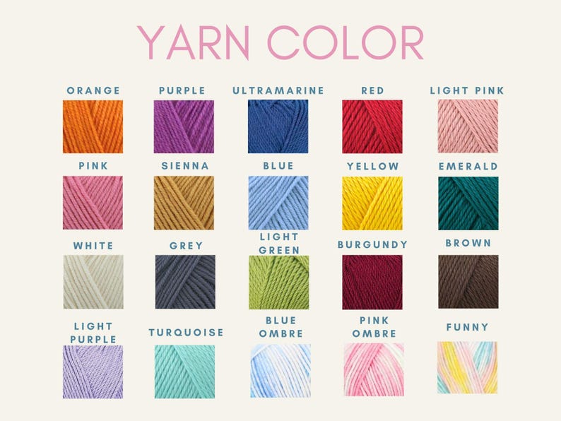 May include: A color chart displaying various yarn colors. The text "YARN COLOR" is at the top. Colors include orange, purple, ultramarine, red, light pink, pink, sienna, blue, yellow, emerald, white, grey, light green, burgundy, brown, light purple, turquoise, blue ombre, pink ombre, and funny.