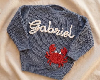 Suéter de punto con cangrejo y nombre personalizado, jersey para bebé bordado a mano, regalo para bebé con temática oceánica