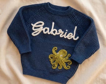 Suéter de punto personalizado para bebé, jersey de pulpo bordado a mano, regalo para niños pequeños con temática oceánica