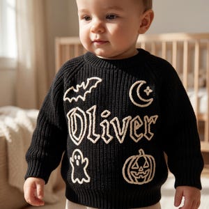 Personalized Baby Sweater with Name | Custom Embroidered Toddler Sweater | Gothic Halloween Baby Gift | Custom Knit Sweater