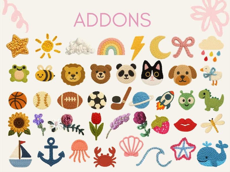 Puede incluir: Una colecci&oacute;n de parches y apliques bordados coloridos, que incluyen una estrella, un sol, un arco&iacute;ris, animales, balones deportivos, flores y dise&ntilde;os n&aacute;uticos. La palabra "ADDONS" se muestra en texto rosa en la parte superior.