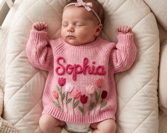 Baby Name Sweater: Embroidered Newborn Sweater, Toddler girl gift, Personalized kids jumper