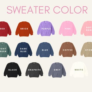 May include: A selection of crew neck sweaters in various colors, including red, brick, purple, pink, soft rose, light green, dark blue, blue, coffee, stone, black, graphite, grey, and white. The text "SWEATER COLOR" is at the top.