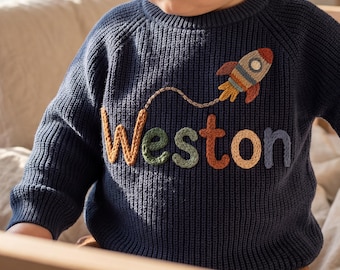 Personalized Baby Sweater with Rocket| Space Theme Baby Gift | Custom Knit Newborn Outfit | Baby Shower Gift