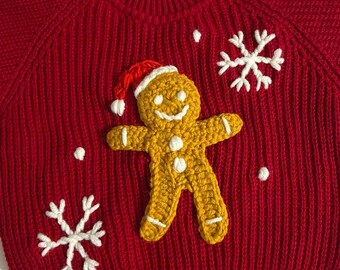 Jersey navideño personalizado para bebé, jersey de galleta de jengibre, nombre bordado a mano, jersey navideño para niños pequeños.
