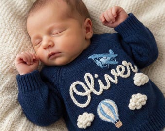 Personalized Baby Sweater | Hand-Embroidered Airplane, Hot Air Balloon, Custom Boy Gift