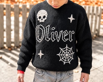 Personalized Gothic Baby Sweater, Hand Embroidered Skull Spiderweb Knit Pullover