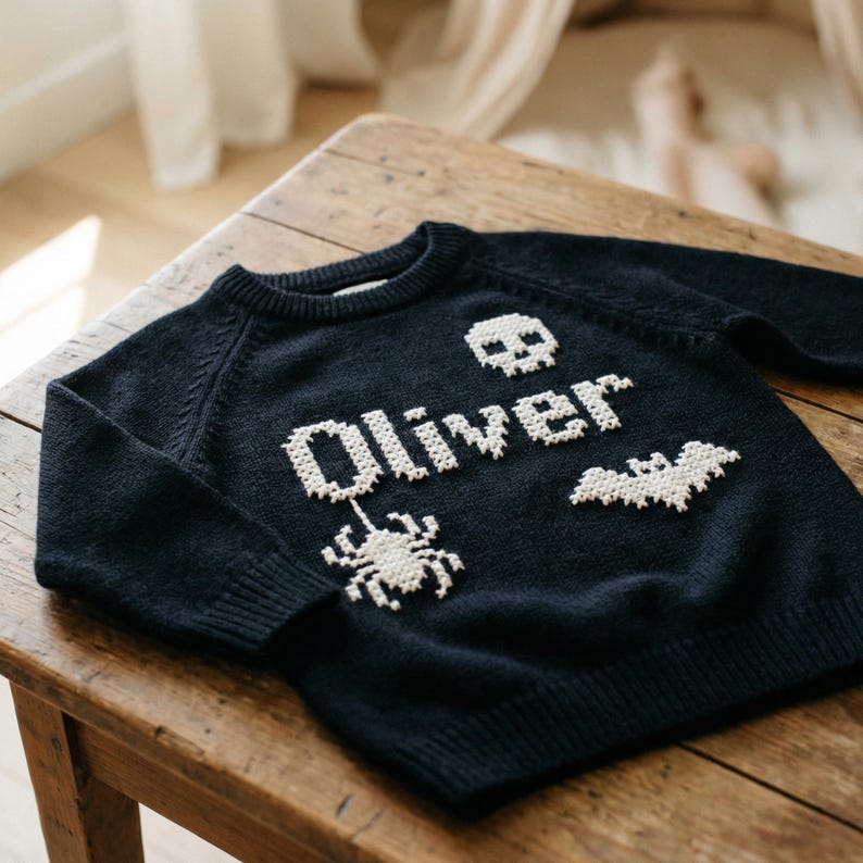 May include: A navy blue sweater with the name "Oliver" in white, along with a skull, spider, and bat design. The sweater is made of a soft material and is suitable for children's wear.