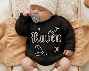 Personalized Gothic Baby Sweater, Hand Embroidered Bat Spider, Custom Knit