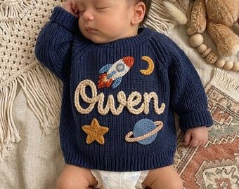 Personalized Hand-Embroidered Space Sweater | Custom Knit Baby Outfit