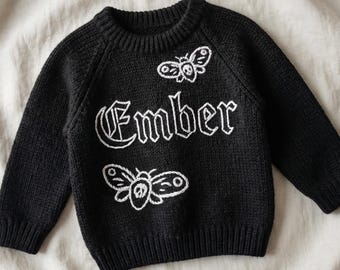 Goth baby name sweater: Hand-Embroidered toddler gift with name