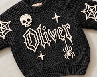 Gothic Baby Sweater Personalized, Goth Halloween Toddler Sweater, Custom Embroidered Name Knit Jumper, Skull Spiderweb Gift