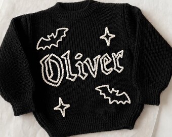 Gothic Baby Name Sweater, Personalized Hand Embroidered Spooky Toddler Knitwear, Goth Kids Clothes, Custom Bat Skull Baby Shower Gift