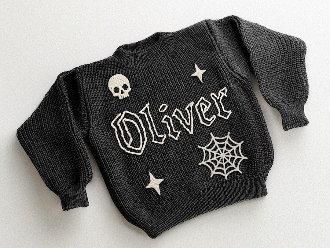 Personalized Gothic Baby Sweater, Hand-Embroidered Goth Skull Name, Spooky Gift