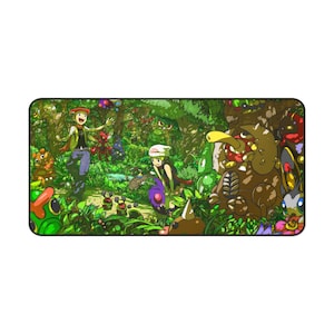 Pode incluir: Uma ilustração colorida de personagens Pokémon em um cenário de floresta. Os personagens incluem um treinador com um chapéu verde e uma camisa vermelha e branca, um treinador com um chapéu azul e uma camisa vermelha, e vários Pokémon, incluindo um Pokémon inseto verde e amarelo, um Pokémon marrom e amarelo, e um Pokémon roxo e azul.