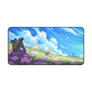 May include: A digital illustration of a fantasy landscape with a blue sky, white clouds, and a field of purple flowers. Two figures are running through the field, one with blonde hair and the other with brown hair. A large, dark, stone structure is in the foreground.