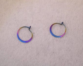Two Pair of the Tiny Sleeper Hoop earrings in Rainbow Niobium