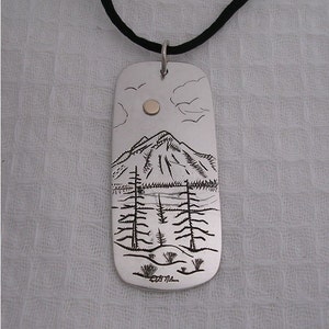 Hand Engraved Pendant of Mt. Rainier in Sterling Silver with Solid 14k Yellow Gold Sun.