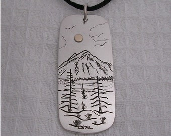 Hand Engraved Pendant of Mt. Rainier in Sterling Silver with Solid 14k Yellow Gold Sun.