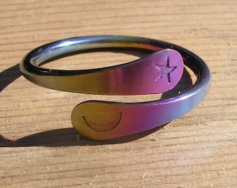 One Turn Moon Star Energy Ring™ in Rainbow Niobium - Natural Niobium - Blackened Niobium - or Sterling Silver