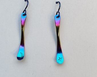 Moon Star Niobium Earrings With a Rainbow Finish and Titanium ear wires