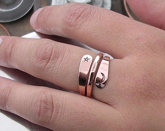 Copper Ring - Energy Ring With Moon And Star Stamps