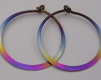 Hoop Earrings in Niobium. Rainbow Colored 1 Inch (24mm) Hoops