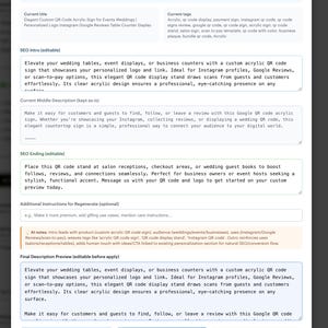 May include: A webpage screenshot showcasing an SEO Description Optimizer tool. The interface includes editable sections for titles, tags, and descriptions. The tool helps create custom acrylic QR code signs for events, weddings, and businesses, with options for Instagram and Google Reviews.
