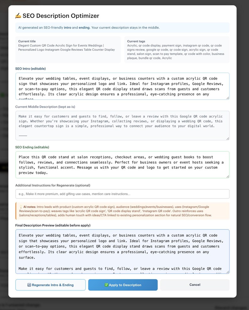 May include: A webpage screenshot showcasing an SEO Description Optimizer tool. The interface includes editable sections for titles, tags, and descriptions. The tool helps create custom acrylic QR code signs for events, weddings, and businesses, with options for Instagram and Google Reviews.